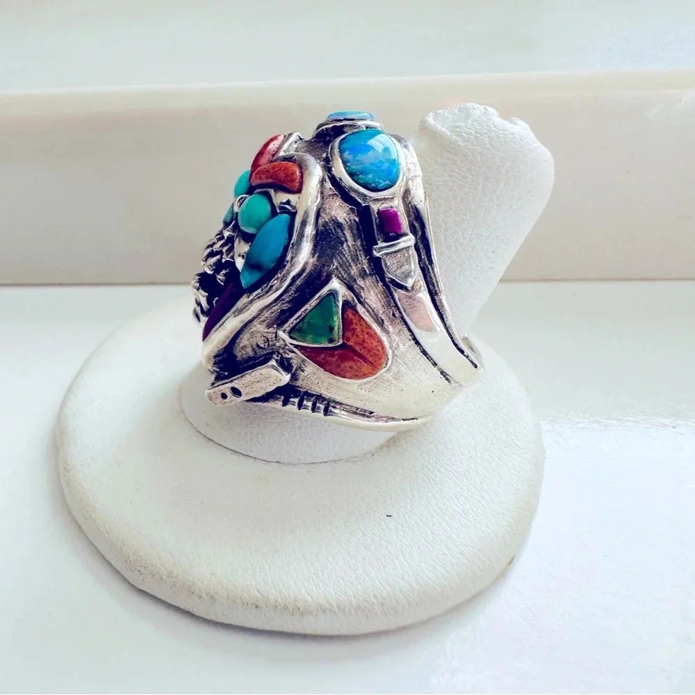 Handmade Sterling Silver & Multi Stone Inlay
Skull/Pilot/Biker/Rocker Ring - Picture 3 of 9